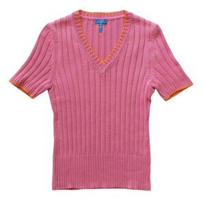 Escada Sport Pink V-neck Short Sleeve Sweater with Orange Trim Women's Size M